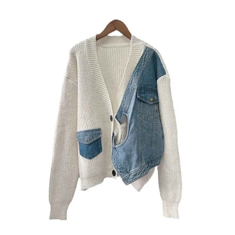 Pull au Design irrégulier pour femme, manteau d'automne et d'hiver, nouvelle Version coréenne d'épissure en Denim, Cardigan tricoté de Style ample et paresseux