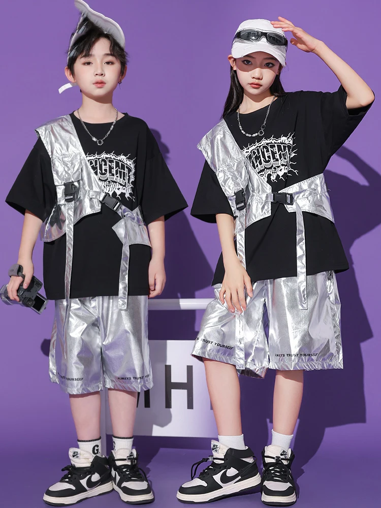 

Children Hip Hop Dance Costumes For Girls Sliver Vest Loose Shorts Suit Boys Jazz Modern Dance Performance Stage Wear DQS16627