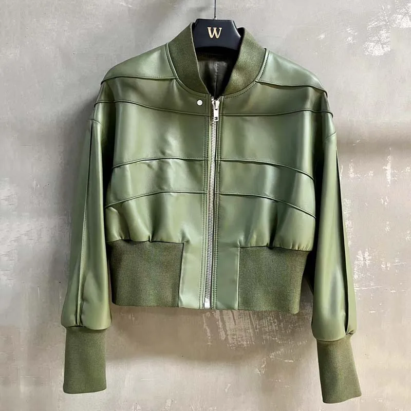 Women Coat Spring 2023 New Arrival Genuine Soft Leather Jacket Drop-Shoulder Sleeve Spliced Textile Fabric Casual Style