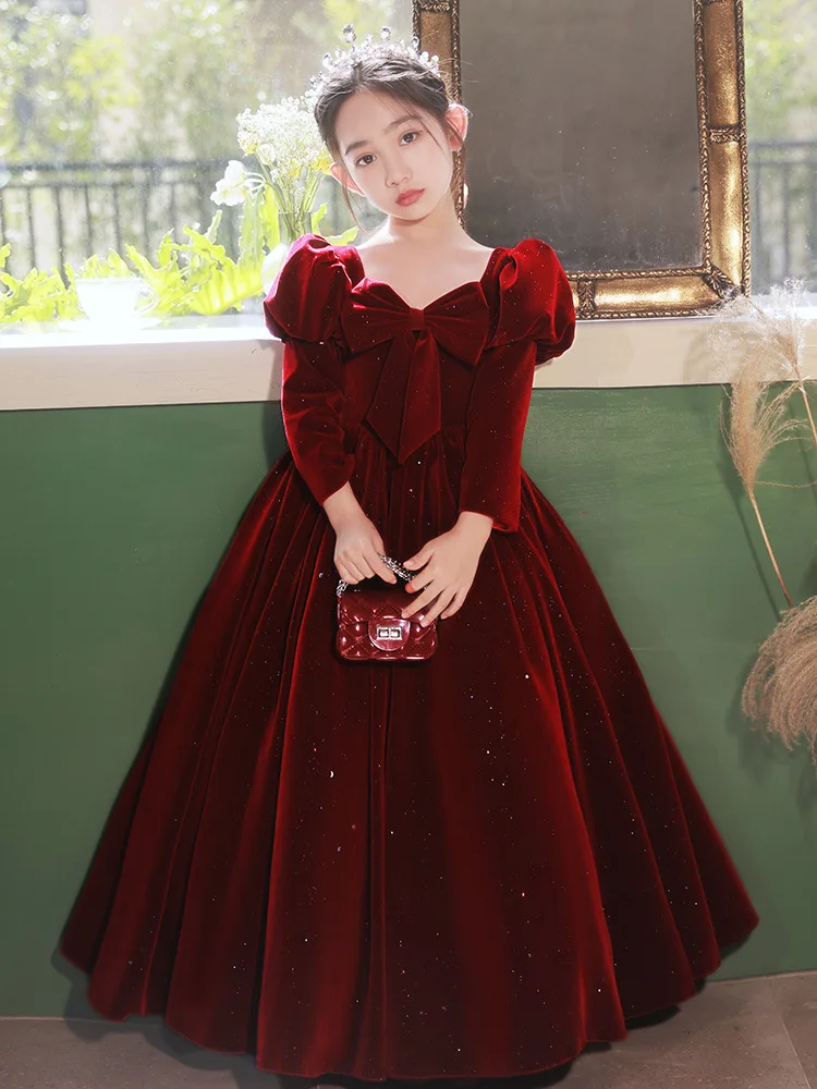 Girls' Red Children's New Year Princess Host Little Flower Girl Wedding High-end Piano Performance Dress Spring