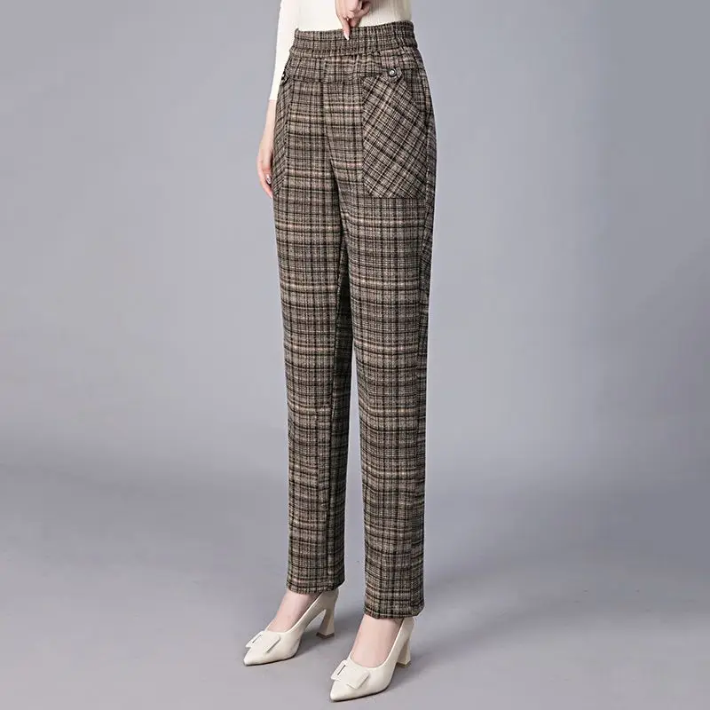 Vintage Thicken Big Size Women Plaid Straight Pants Spring Autumn Elastic High Waist Pockets Office Fashion Casual Trousers 2023