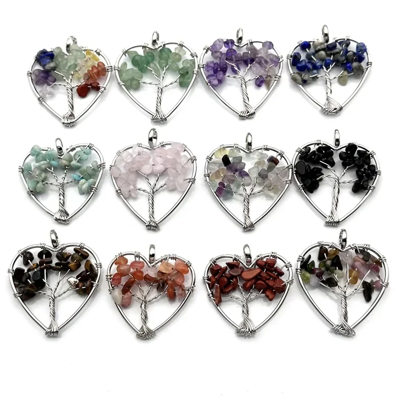 5pcs Tree of Life 30mm Heart Pendant Fluorite Rose Quartz 7 Chakra Stone Charms for Earrings Necklace Jewelry Making