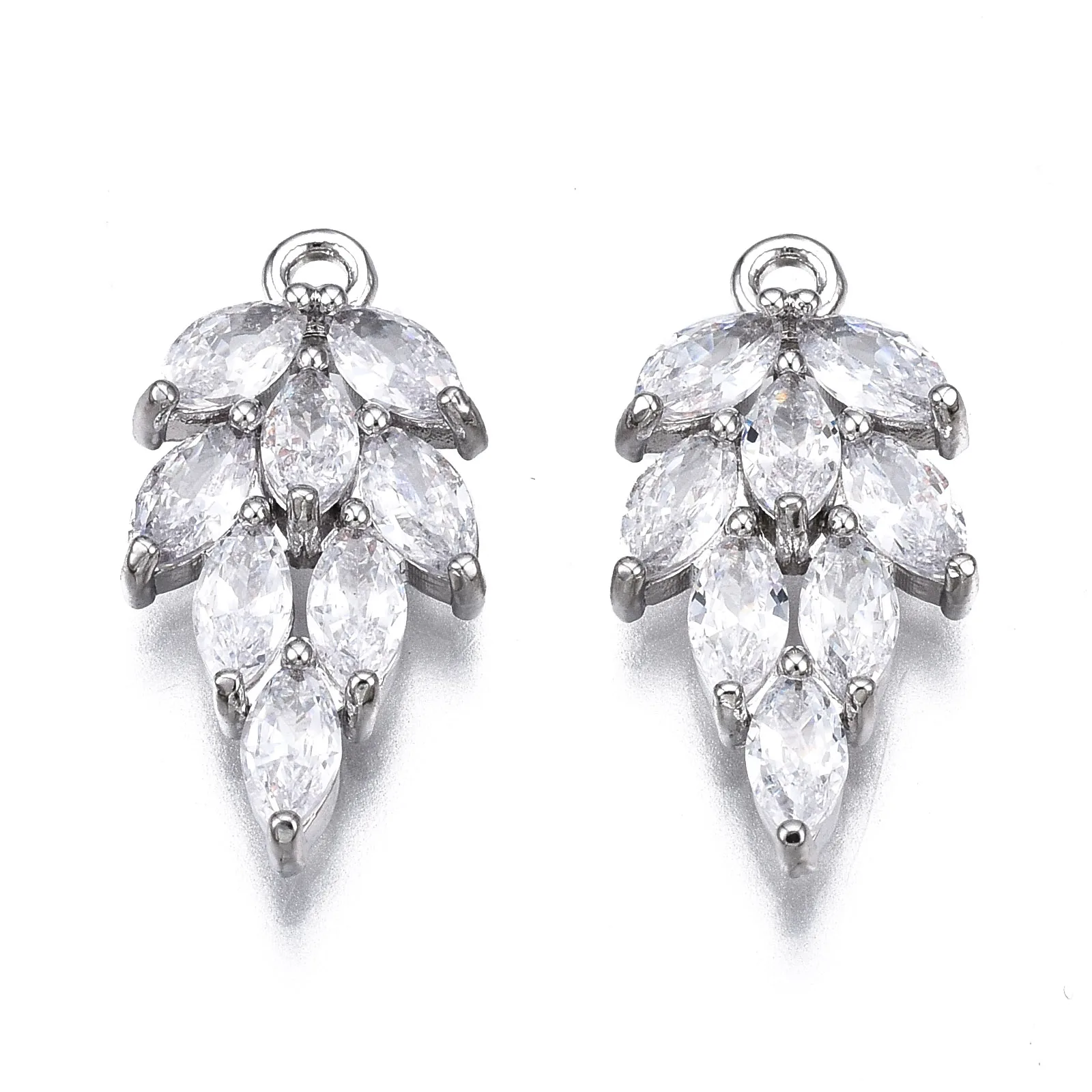 Pandahall 2Pcs Platinum Color Leaf Brass Inlaid Clear Cubic Zirconia Pendants Metal Charms With Hole For Necklace Jewelry Making