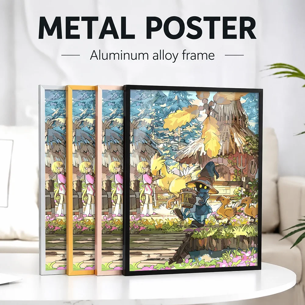 Final Fantasy Village Scene Framed Aluminum Metal Poster Customized Photo Mystical Adventure Style Wall Art For Collector Room