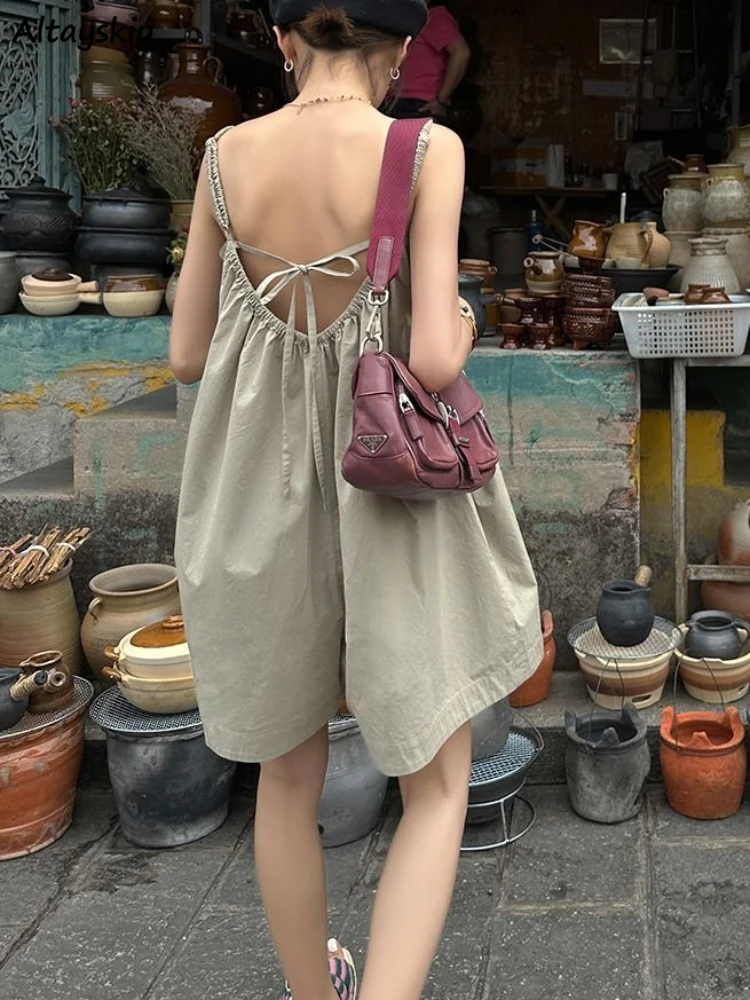 Baggy Rompers Women Backless Summer Wide Leg Breathable Leisure Vacation Ins Style Fashion Strap Street Temper Overalls Harajuku