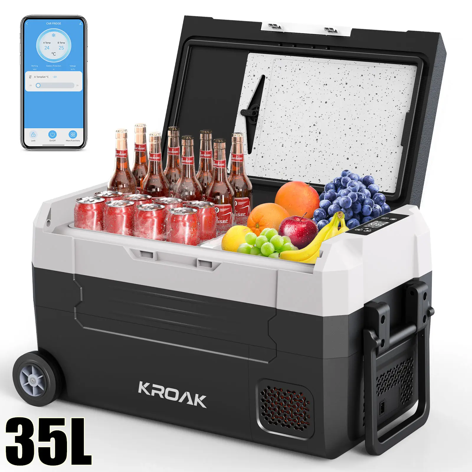 Hcalory 35L 45L 55L Dubbele Zone Draagbare Autokoelkast met Wielen, Bluetooth App Besturing, 12V 24V Compressor Koeler voor Kamperen en Reizen