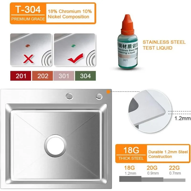 Fregadero de cocina de montaje superior empotrado de 21,6 pulgadas, fregadero de cocina de acero inoxidable 304, cuenco individual, fregadero de cocina/bar hecho a mano Overmount