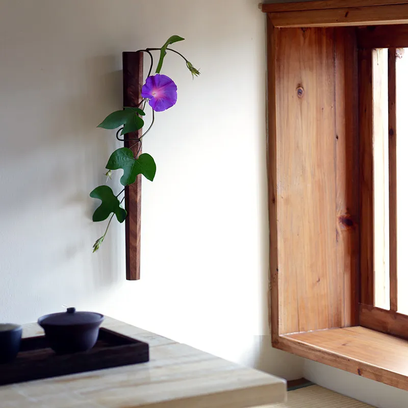 Wall Mounted Black Walnut Dried Flowers Vase Japanese Hanging Planter Housewarming Gift for Living Room Rustic Wooden Wall Decor