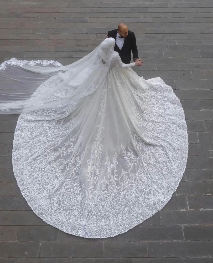 Robe de Mariée Élégante à Col Haut et Manches sulf, Tenue Musulmane en Dentelle, avec des Appliques, pour les Patients, quel que soit le Luxe de Dubaï, à Volants, sur Mesure, 2024