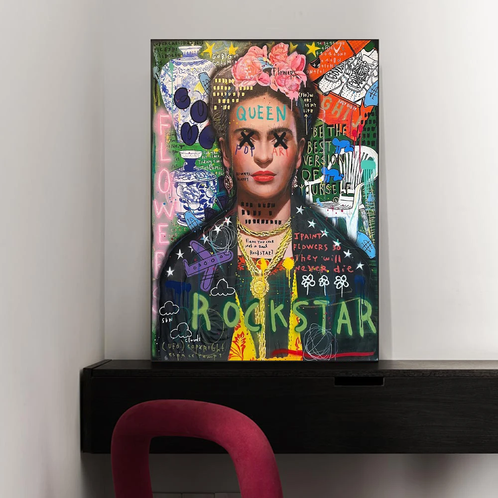 Frida K Poster Graffiti Mexican Woman with Flowers Poster Print on Canvas Famous Art Painting Picture  Wall Picture Room