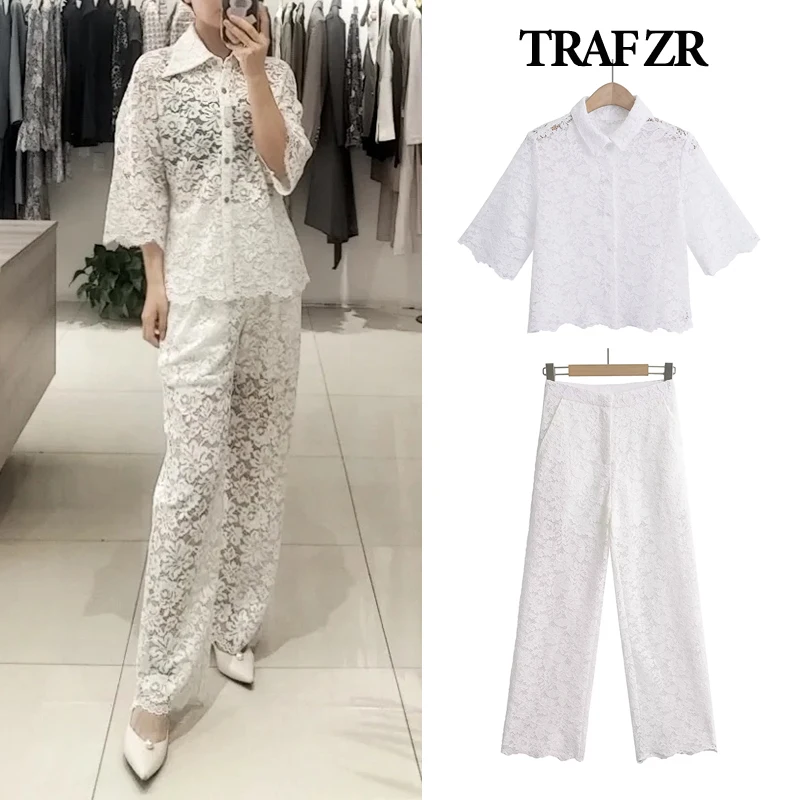 TRAF ZR Hollowed Out Sets for Women 2 Pieces Luxury Elegant Women\'s Set Cotton Sexiest Outfit Combi-pants Pant Suits Summer Suit