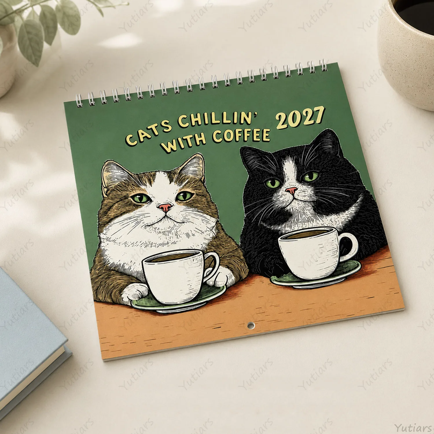 2027 Cat Coffee Wall Calendar, 12-Month Illustrated Planner with Large Writing Blocks, Spiral Binding, Cute Gift for Cat Lovers