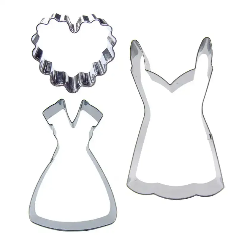 3 pcs Wave Heart Princess Dress Sling skirt Stainless steel Cookie cutter biscuit embossing machine Pastry Cake decorating Tools