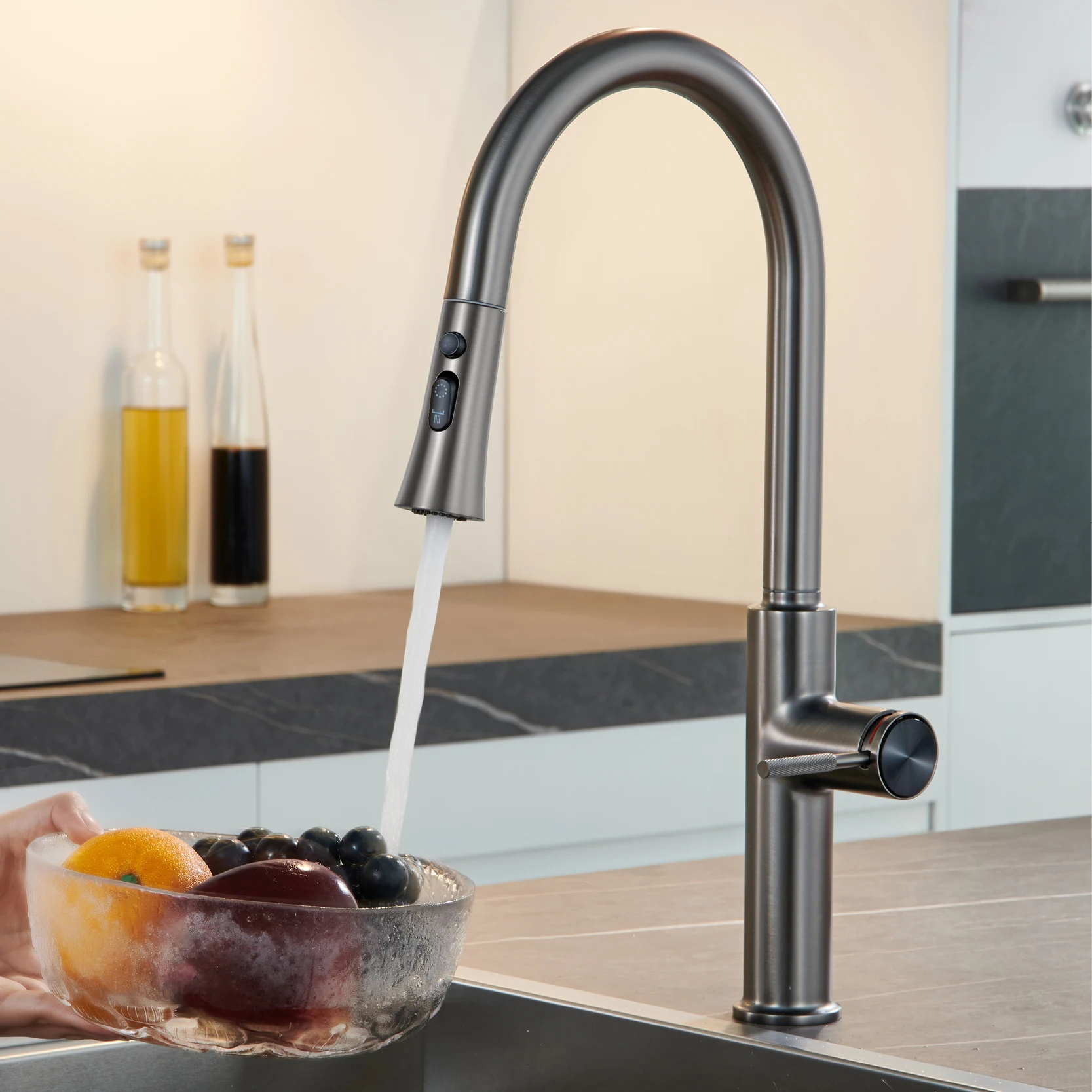 AITANA Pull out Design Gun Grey Kitchen Faucet Simple Single Handle Hot and Cold Water 3-Function Modern Sink Faucet