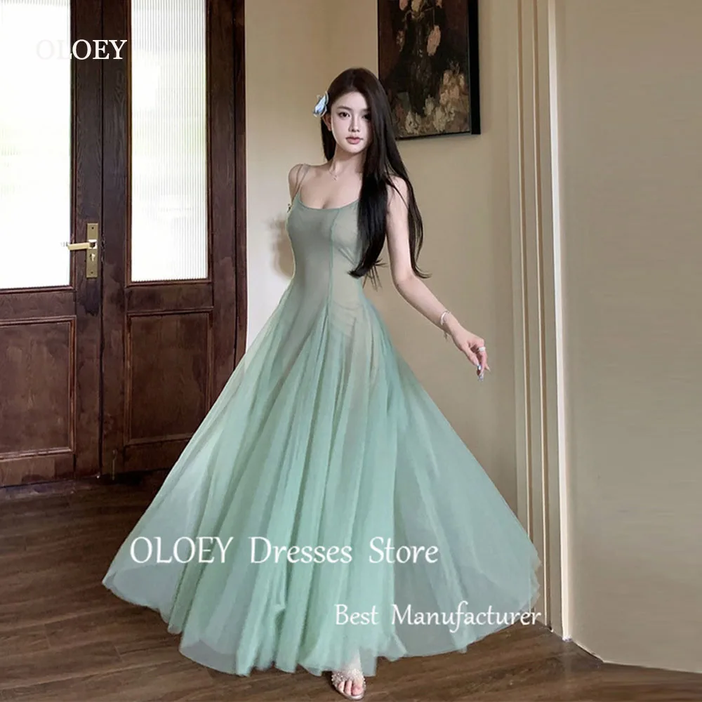 

OLOEY Simple Sage Green Tulle Party Dresses Korea Photoshoot Spaghetti Straps Ankle Length Evening Gowns Prom Dress Casual Skirt