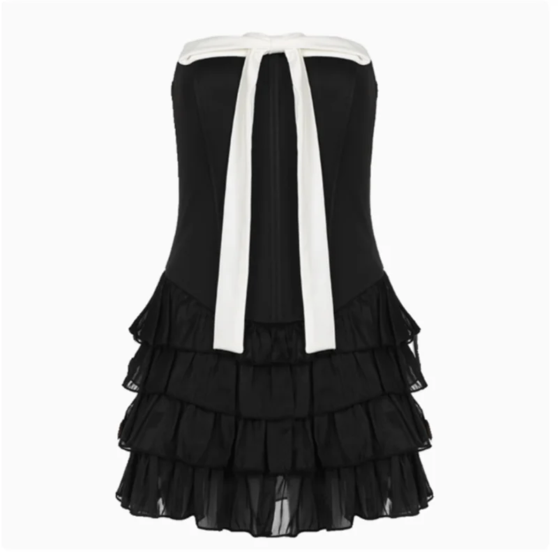 Minivestido negro con lazo sin tirantes para mujer, minivestido con forma de pastel, corsé ajustado, ajustado, sin mangas, con volantes, para fiesta de cumpleaños