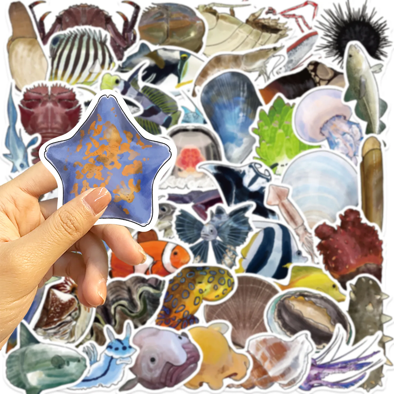 50PCS Funny Marine Life Cartoon Stickers Fish Shrimp Shell Animal Graffiti Decoration DIY Toys Fridge Laptop Guitar Bike Decals