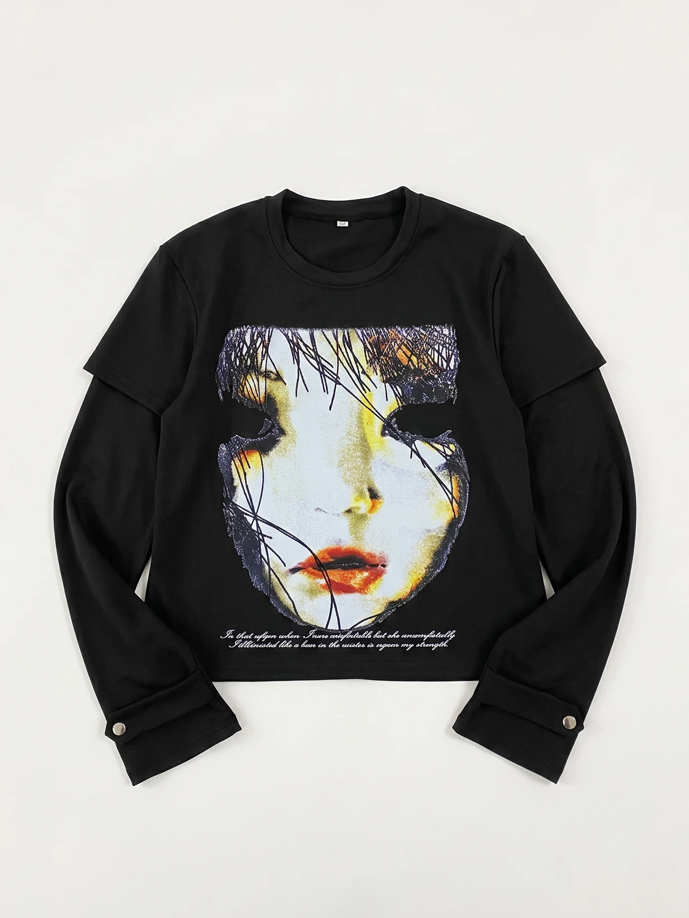 Y2K Dark High Street Style Pop Art Woman Face Print Fake Two Piece Long Sleeve T-Shirt Silver Snap Button Cuff Slim Cropped Top