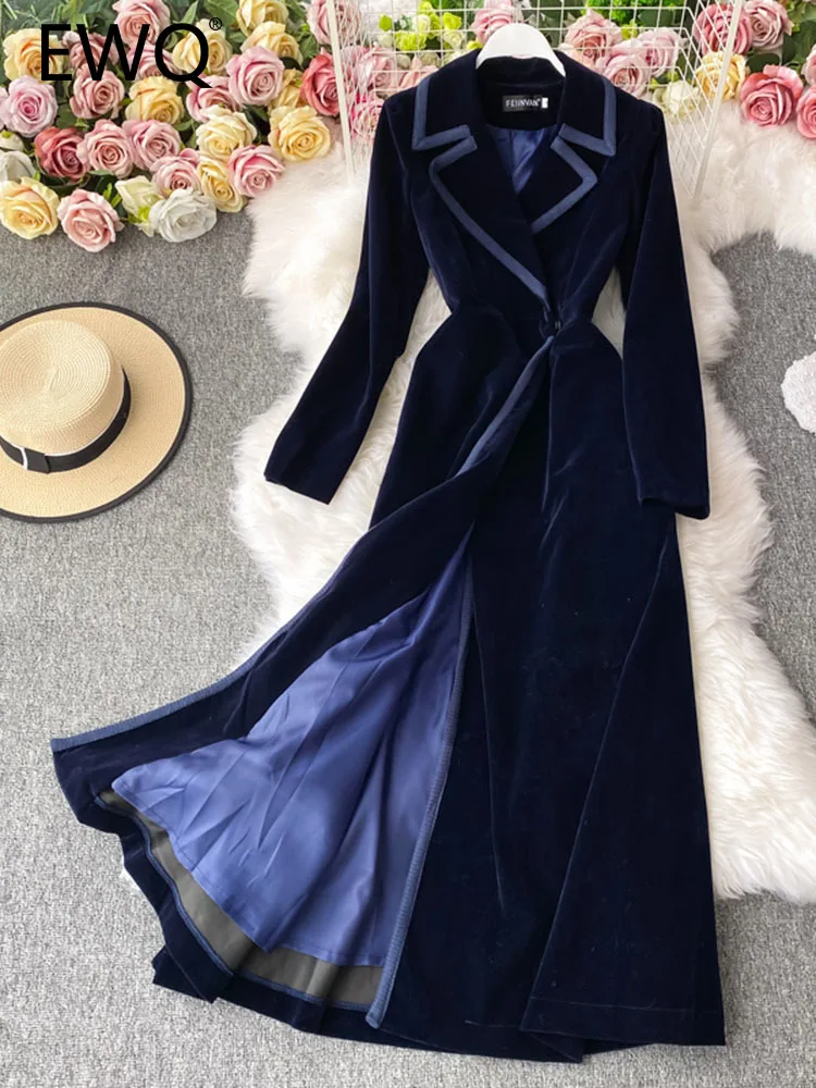 EWQ Sweet Style Women's Velvet Contrast Color Notched Long-sleeve High Waist Single-button Dress 2023 Autumn New Dresses SN3869