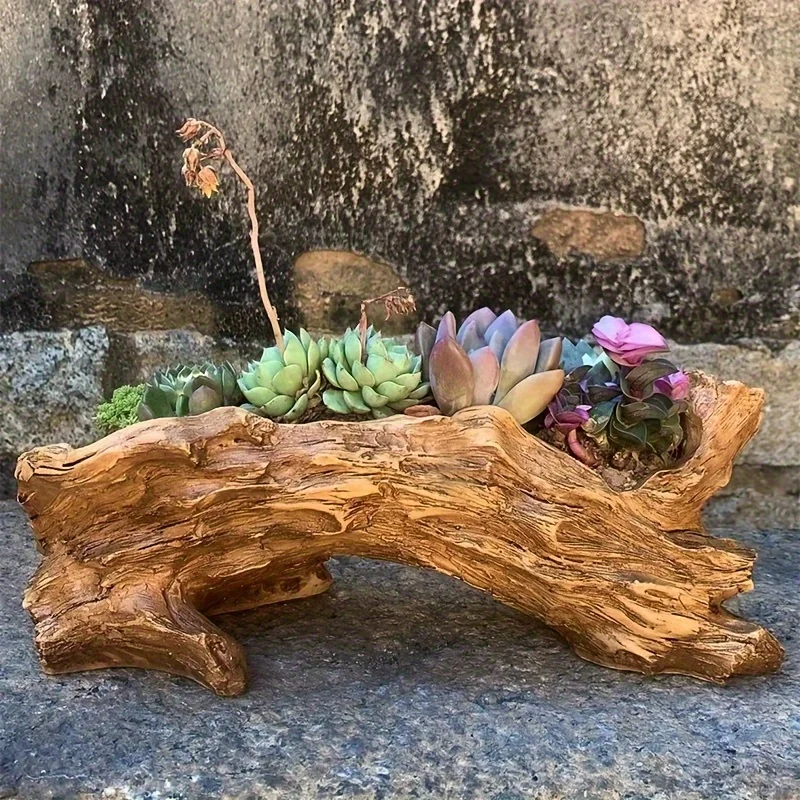 1pc, Rustic Style Resin Tree Stump Succulent Planter, Unique Indoor Outdoor Plant Pot With Drainage Hole, Farmhouse Garden Decor