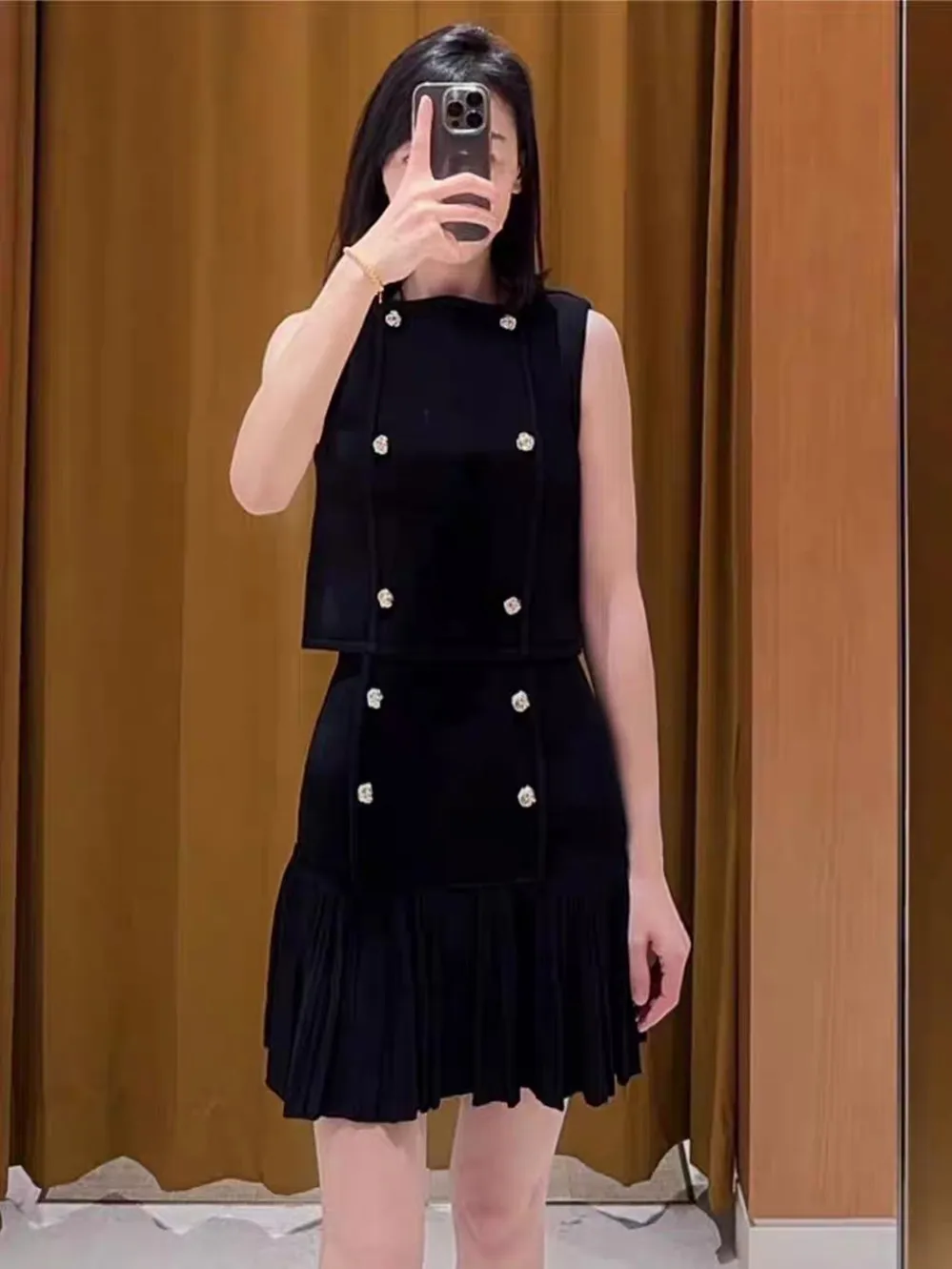 Conjunto de blusa de malha Ele Bla Svel e saia f com botões duplos Sweet Sle Faionable roupa feminina de outono