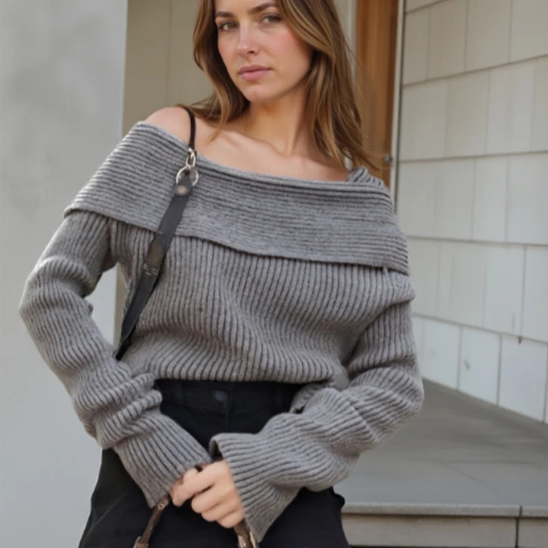

2025 Autumn Korean Style Off Shoulder Sweater Fashion Elegant Slim Fit Long Sleeve Knitted Pullover Sweet Grey Knitted Tops 8603