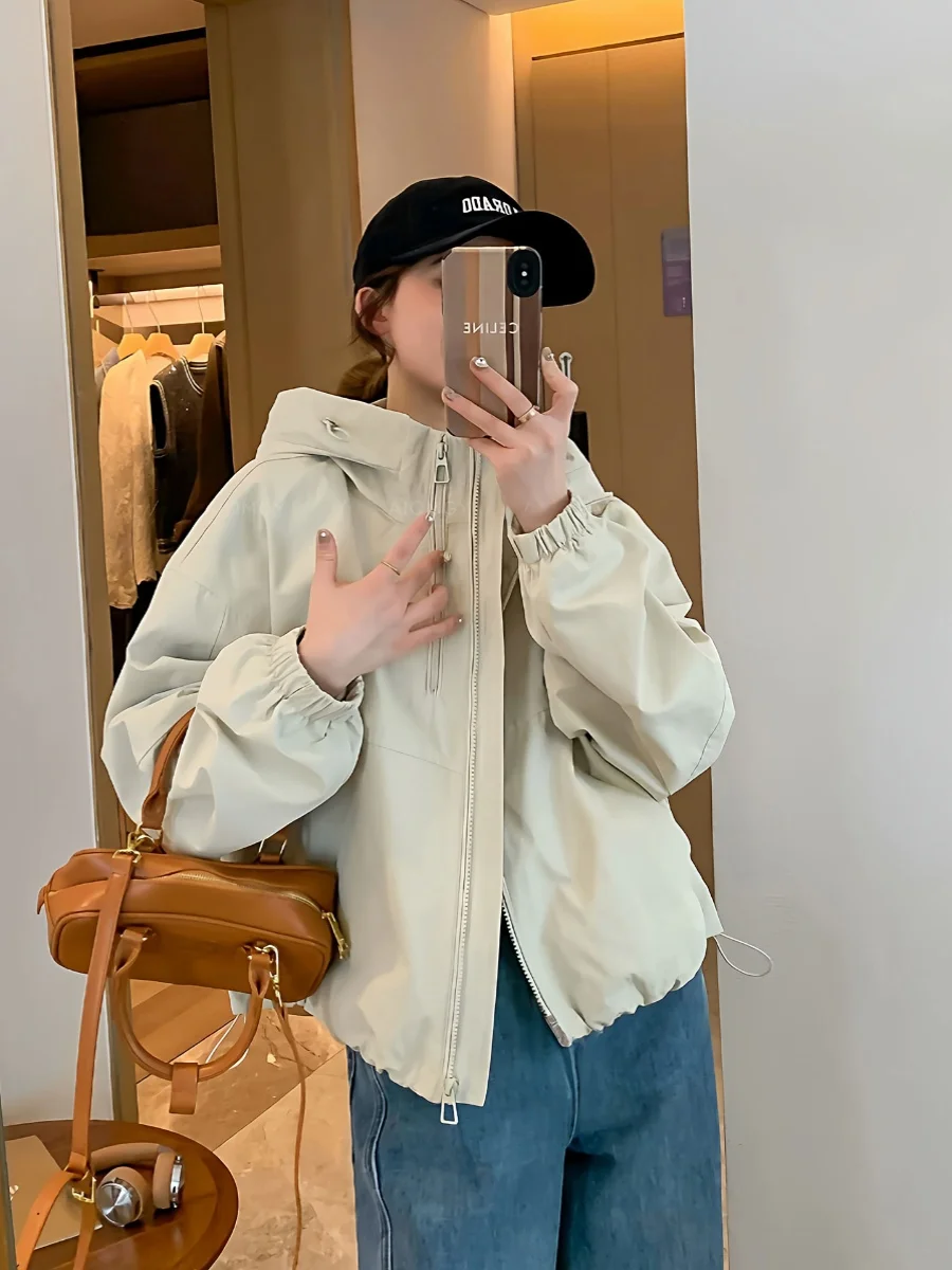 

Korean Style Fashionable Minimalist Hooded Jacket Women's Loose Top with Drawstring Autumn New Arrival Outdoor Casual Wear