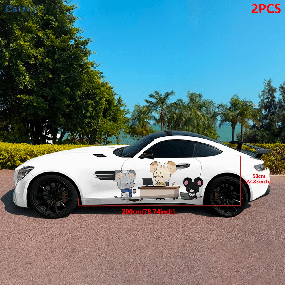 Three cute mice are chatting happily in the office, IP Image, PVC Material, Suitable for Most Vehicles, Side Decorative Sticker,