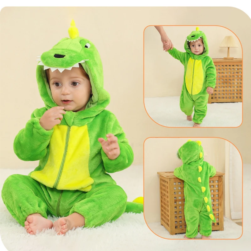 Winter Thick Warm Flannel Baby Jumpsuit Cute Dinosaur Pattern Soft Comfortable Hooded Infant Baby Rompers For Boys Girls