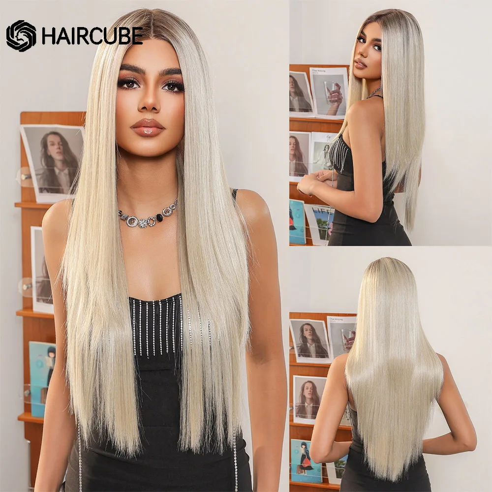 

Парик HAIRCUBE 13*4 на сетке спереди для женщин, длинный Синтетический прямой светлый с эффектом омбре для повседневного использования, для косплея, 13*4, на сетке спереди