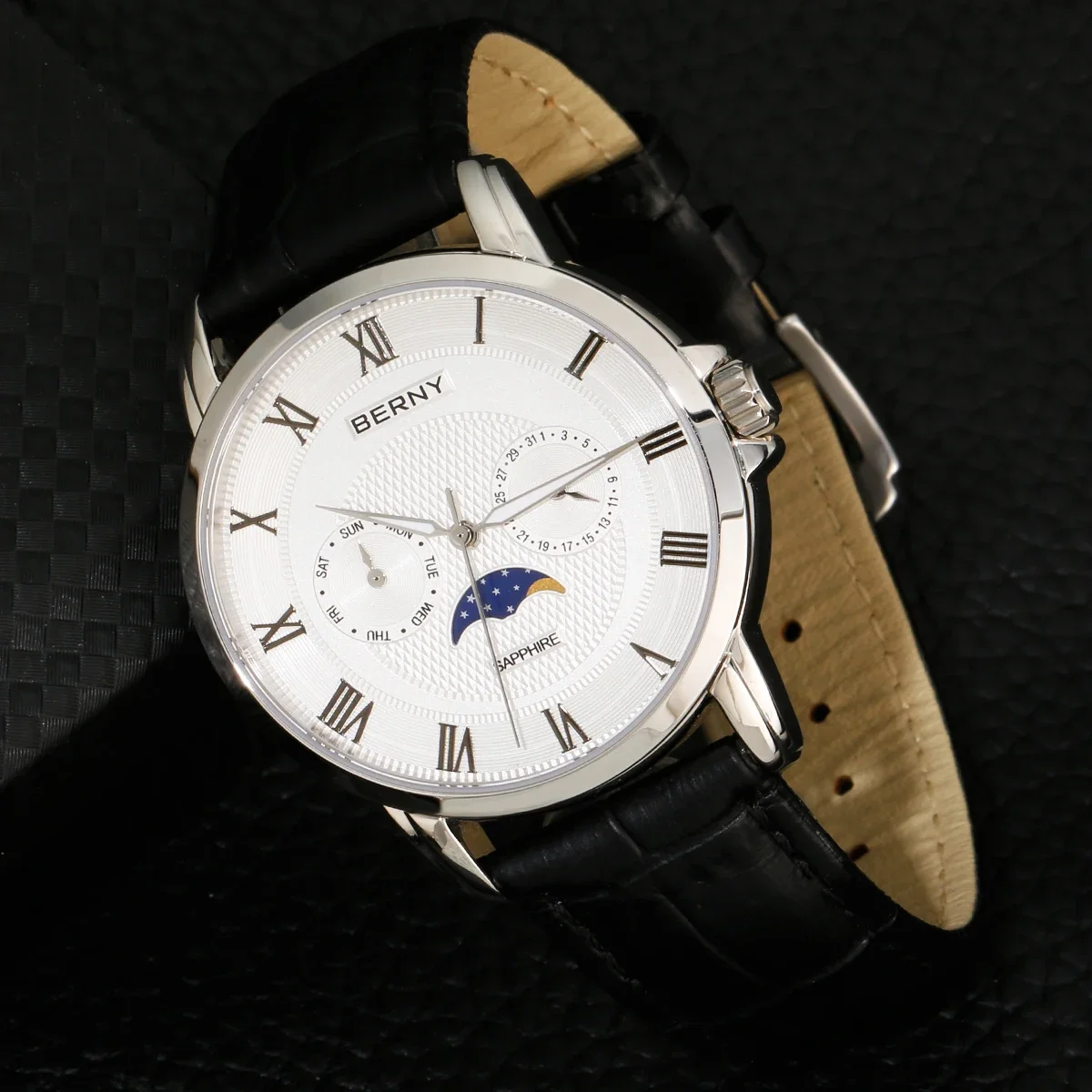 BERNY Watches for Men Calendar Date Week Moon Phase Quartz Men's Watch Sapphire Multi-function Dial Business Luxury Wristwatch