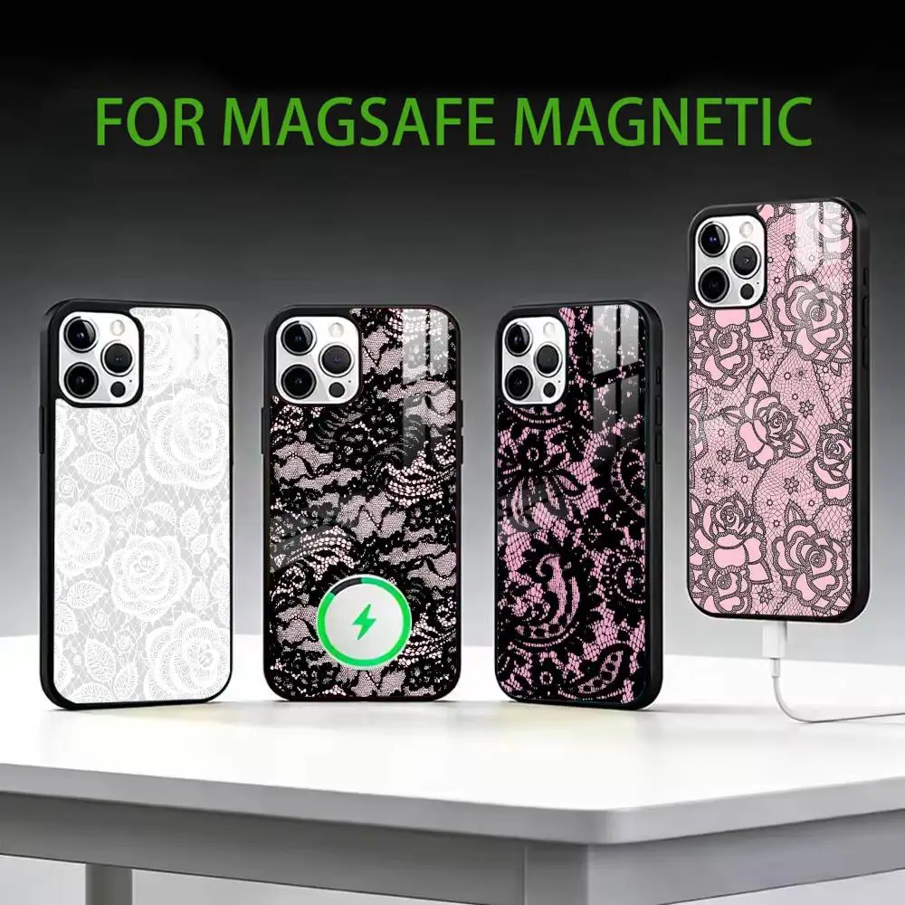 Lace Print Pattern Phone Case For iPhone17,16,15,14,13,12,11 Plus,Pro Max Magnetic For Magsafe Wireless Charging