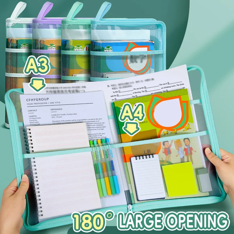 HUAJIE A4 Transparent Document Bag, Waterproof Zipper Handheld Folder, Large Capacity Multi-layer Homework Organizer for Student