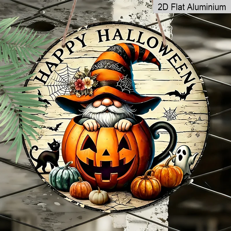 2D Flat, 1pc Joyful Halloween Aluminum Round Sign, Gnome Pumpkin Cup Happy Halloween Print, Rustic Style Metal Door Wall