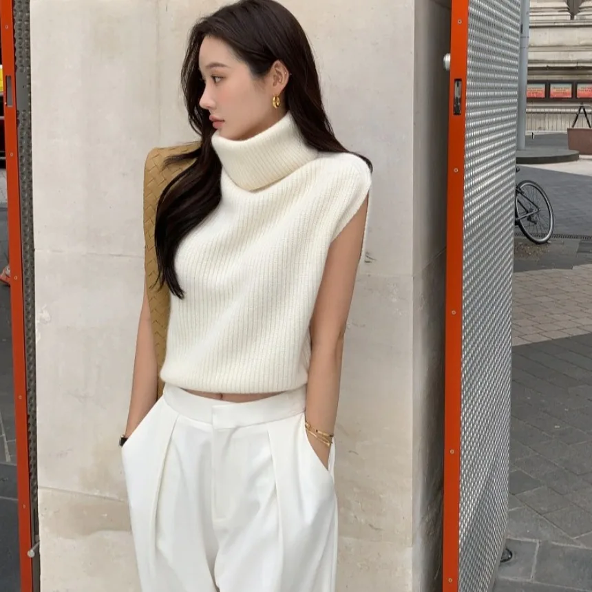 

Шикарный вязаный свитер с высоким вырезом, женский осенний утягивающий жилет, топ без свека, трикотаж с завязкой на талии, простой Ele Sle