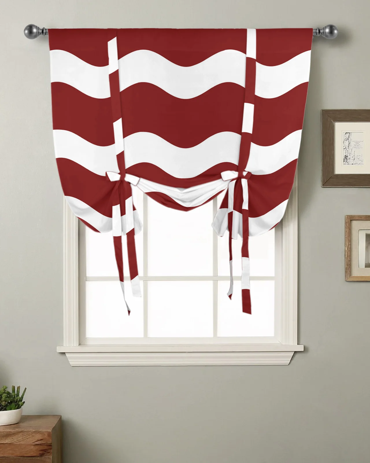 

Red Ripple Waves Kitchen Short Window Curtain Rod Pocket Curtains Home Textile Roman Tie Up Curtains Bedroom Small Window Decor