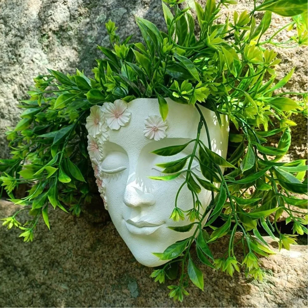 

Durable Funny Face Sculpture Planter Resin Craft Cute Head Wall Planter Handmade Girl Face Flowerpot Indoor Outdoor Garden