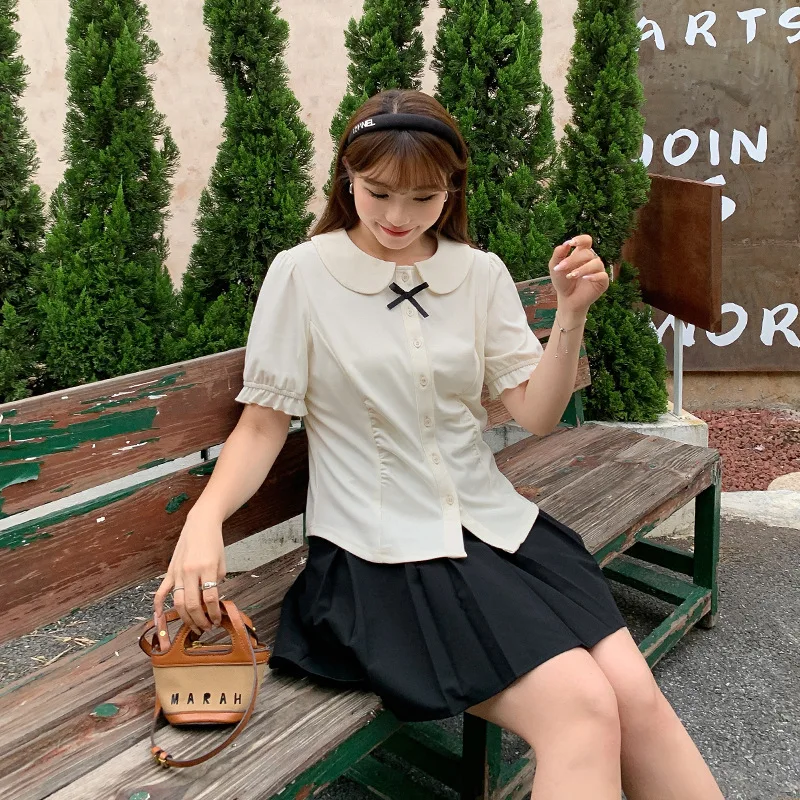 French college style age reducing doll neck top, suitable for plus size girls, slim fit and slimming short bubble sleeve shirt
