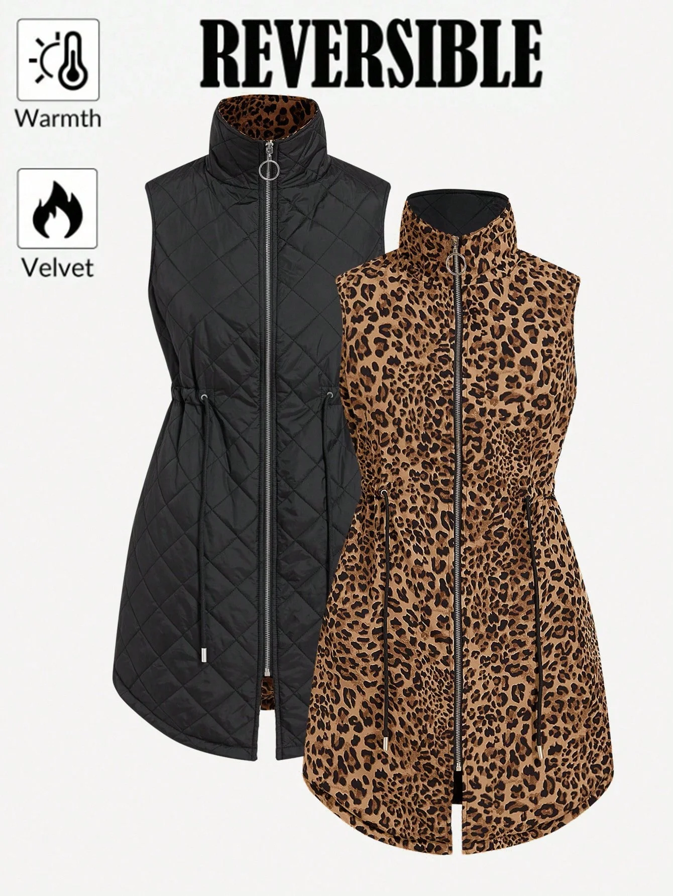 Two-sided leopard print quilted jacket. Winter and autumn warm. Drawstring waist. Standing collar. Sleeveless. Mid-length.