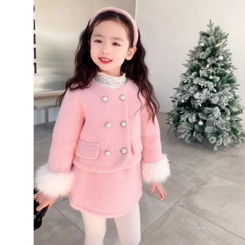 Girls' Woolen Set Autumn and Winter New Style Children's Mink Fur Thickened Coat+Half Skirt Fashionable Two-piece Set