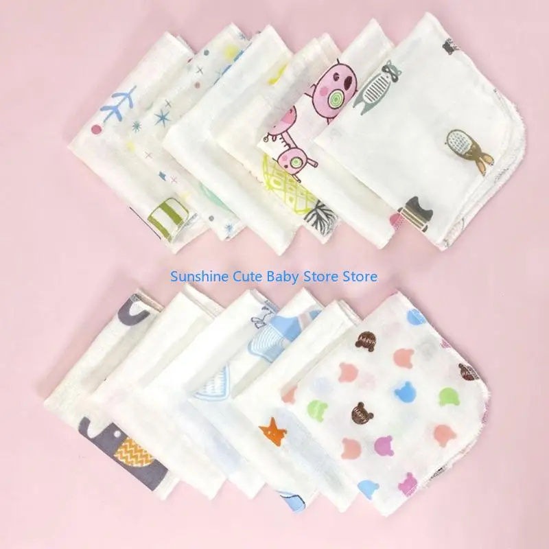 C5AF 10 Buah Set Kain Lap Bayi Kartun Lapisan Ganda Kain Kasa Handuk Wajah Bayi Kain Sendawa