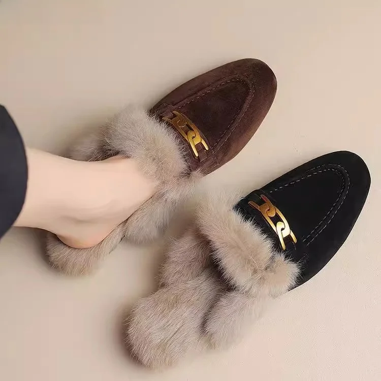 

FAD Z Women's Fur Slippers Indoor Outdoor Wear f Slippers Fce Lined Toe Covering Casual Sle Rubber Outsole
