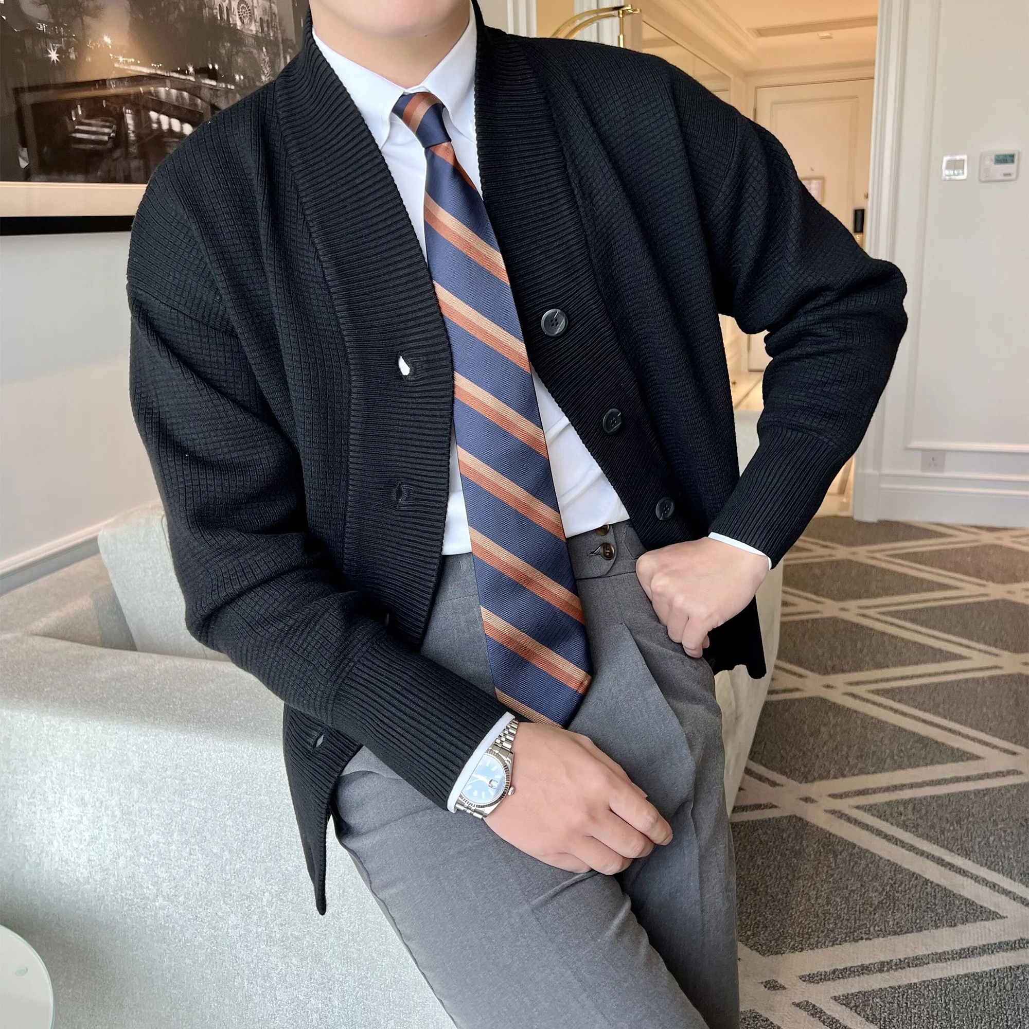 

Ele Simple Youth Knitted Cardigan Men's Sweater Briti Sle Casual Sweater Coat V-ne Long Sve Winter Faion