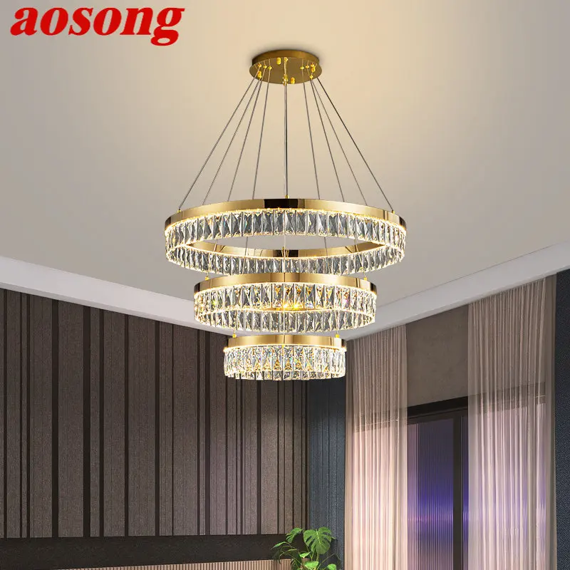 

AOSONG Modern Crystal Pendant Lamp LED Creative Luxury Round Rings Chandelier Light Home Decor For Living Dining Room