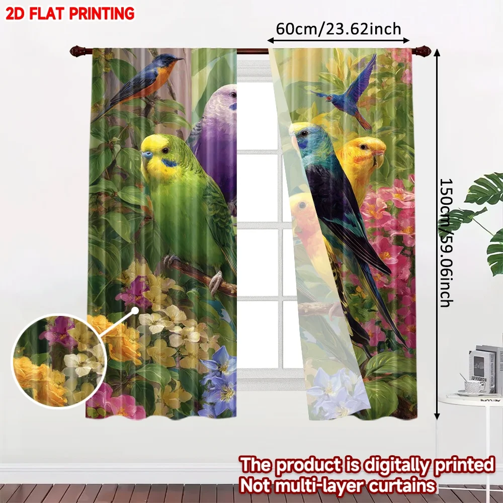 2D flat printing 2pcs Curtain Window Curtains Colorful Birds on Branch Digital Printed Polyester Drapes Festive Curtains for All