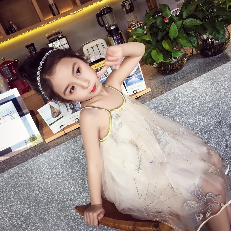 Girls' Dress with Straps Embroidered Dress Soft Tulle Dress25Summer New Fashion Foreign Trade Children's Clothing Wholesale2-7Ye