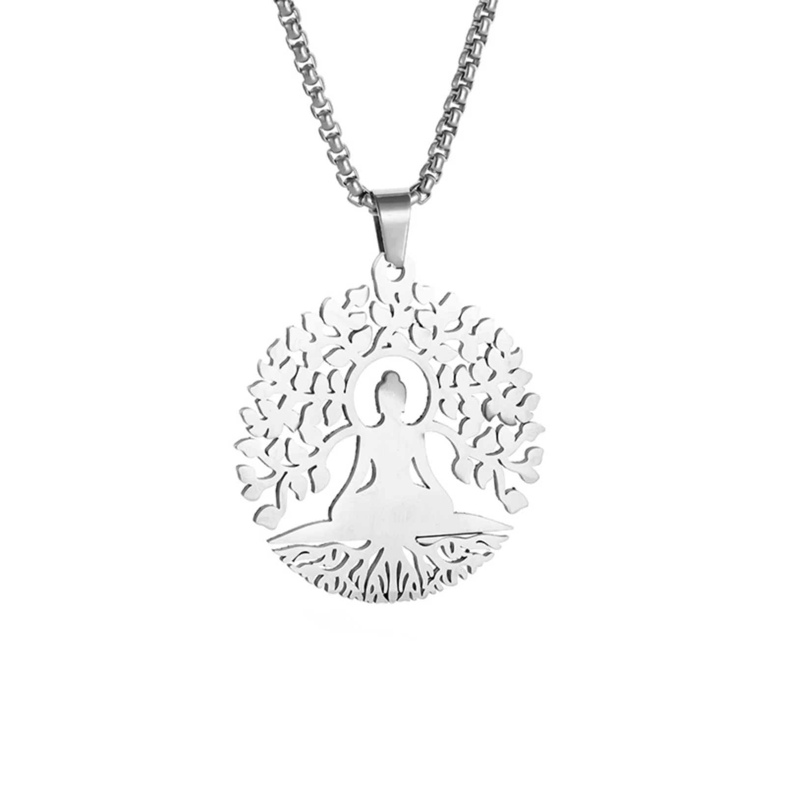 Buddha unter dem Bodhi-Baum Anhänger Halskette Meditation Buddha Charm Yoga Spiritueller buddhistischer Edelstahlschmuck Geschenk für Männer und Frauen – Detail 1