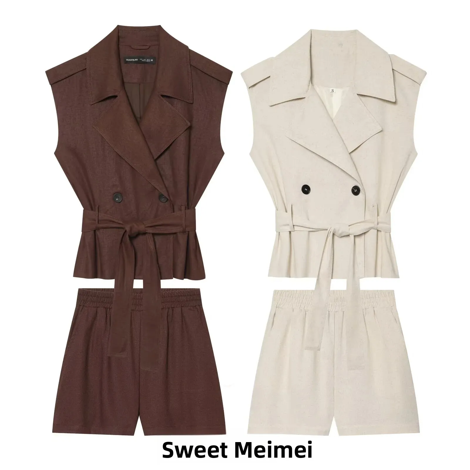 Conjunto de Dos Piezas para Mujer: Chaleco de Lino con Cinturón y Pantalones Cortos de Cintura Elástica, Cintura Alta, Estilo...