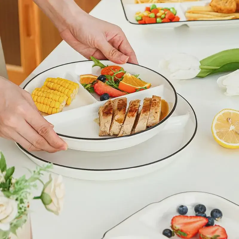 Creative Ceramic Black Line Weight Loss Partitioned Dinner Plate Suitable for Adults And Children Home Breakfast Plate High-E...