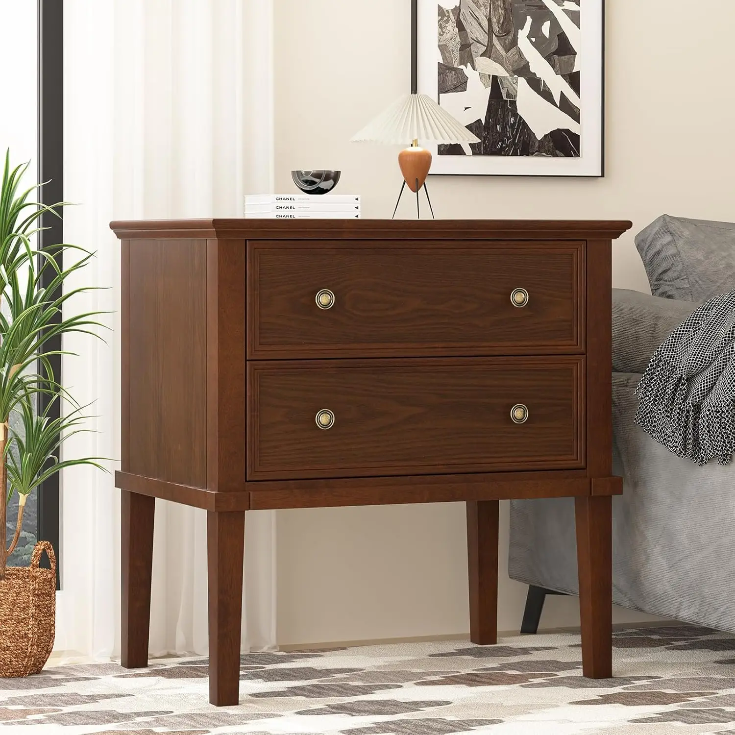 Solid Wood Nightstand with 2 Drawers, Deep Walnut